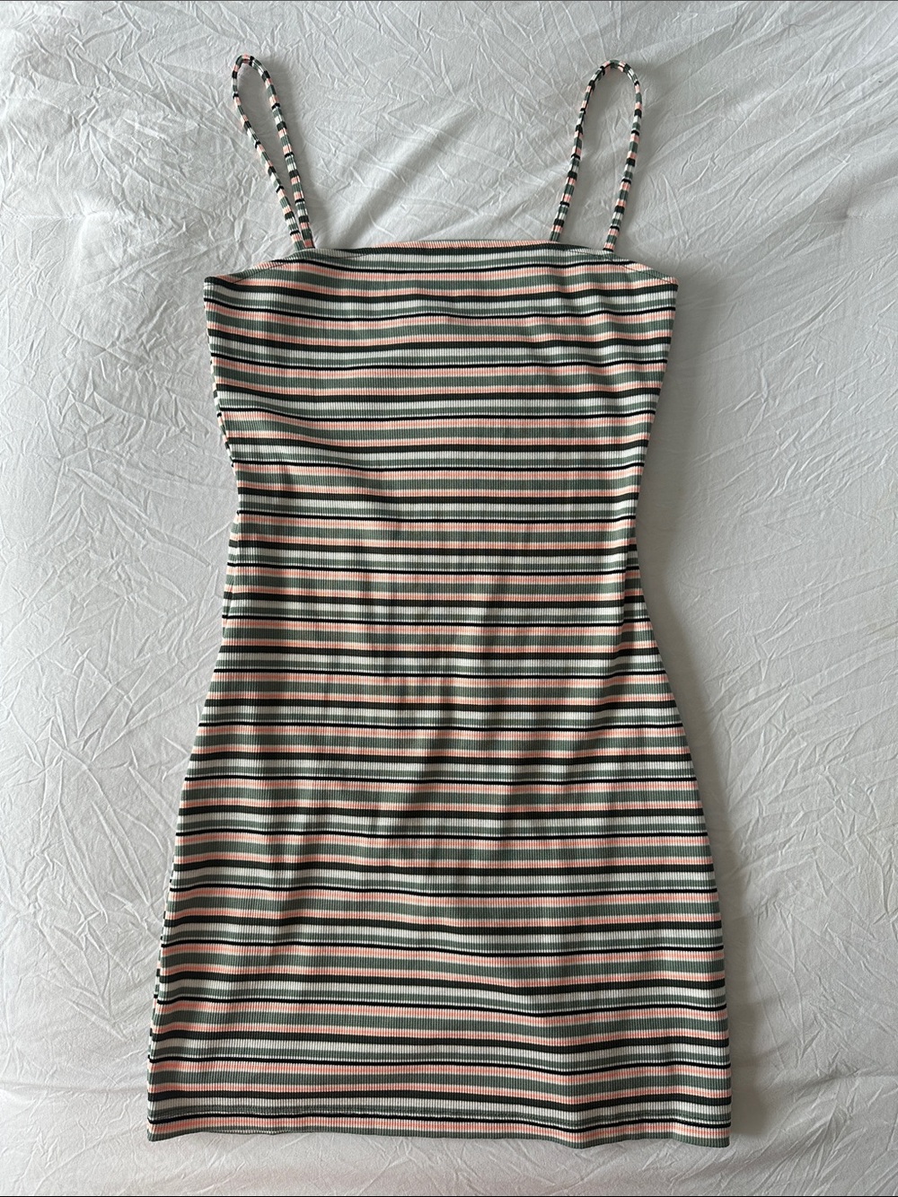 H&M Striped Spaghetti-Strap Mini Dress in Coral, Green and White